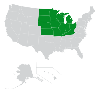 Map of Midwest region of the U.S.